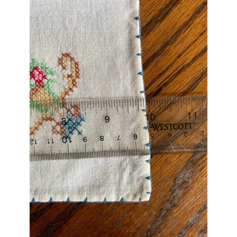 Vintage Hand Embroidered Cross Stitch Floral Napkins Set of 2 White Blue 10x10